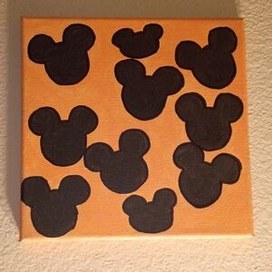 Handpainted Orange Canvas with Black Mouse Silhouettes Wall Decor 8x8"